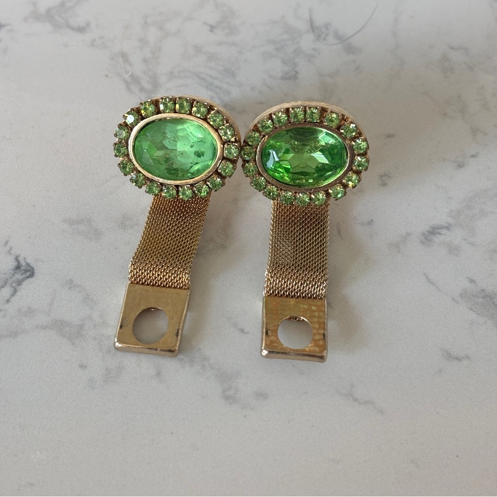 Vintage Gold Tone Mesh Cufflinks Spring Green Rhinestone Mens Jewelry
